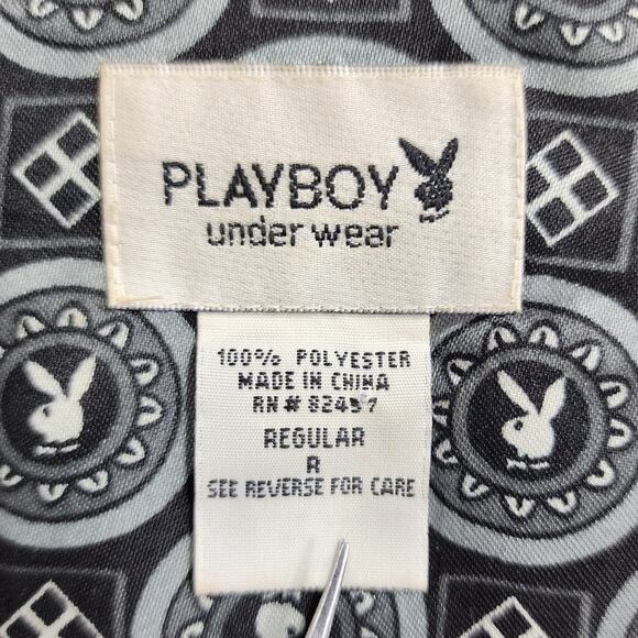 Vintage 90s Playboy Robe Mens Regular One Size Gray Satin Kimono All Over Logo - Picture 6 of 10